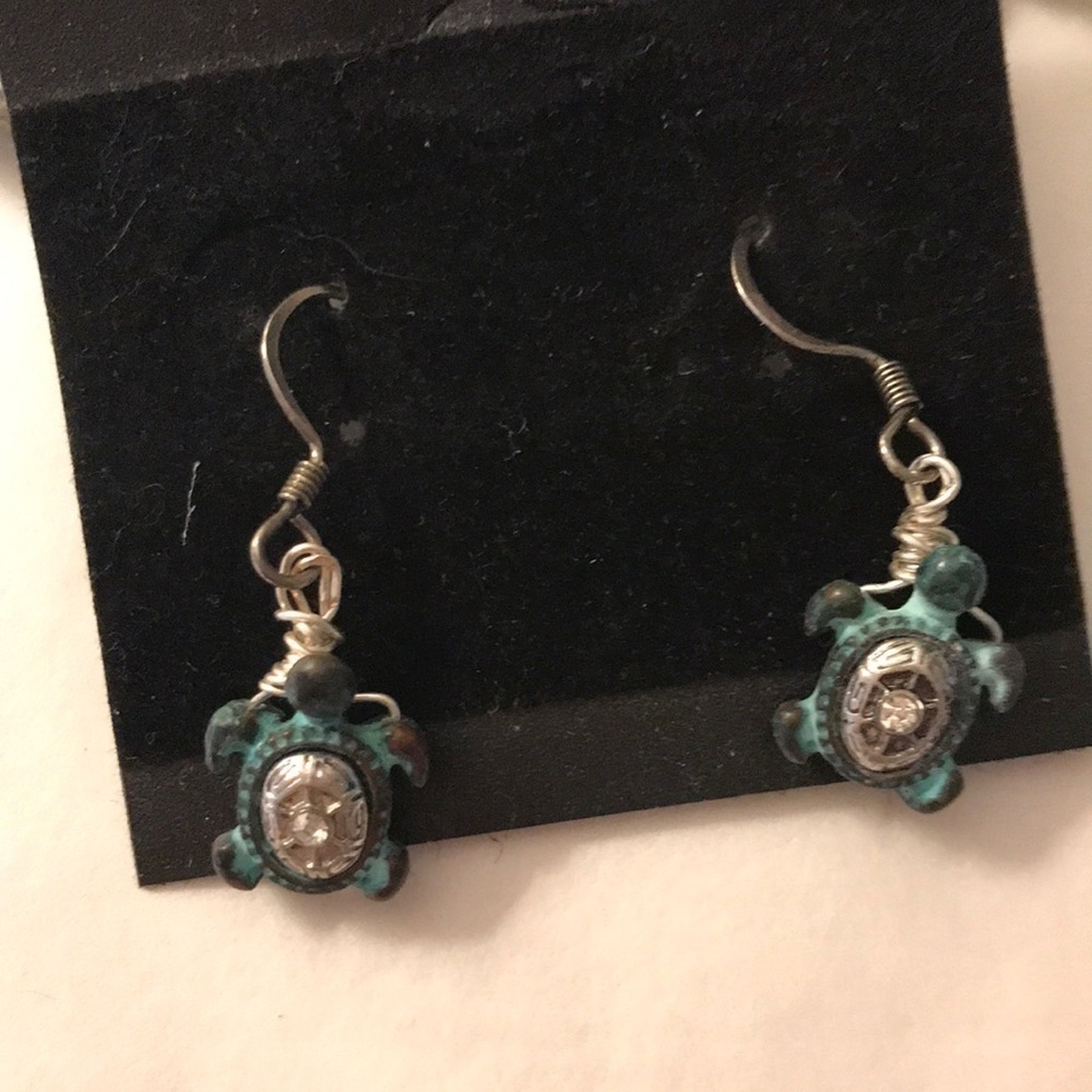 𝅺turtle earrings, hand crafted, sterling hooks, tiny green turtles.